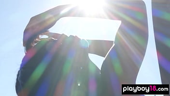 Flexible ebony muse doing her workout and flashing her hairy pussy outdoor