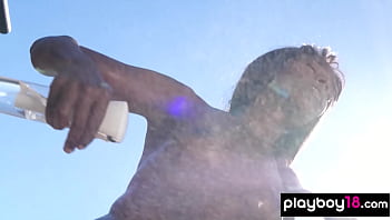 Flexible ebony muse doing her workout and flashing her hairy pussy outdoor