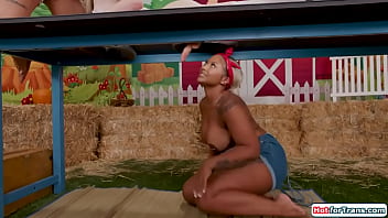 Chubby ebony milkmaid banged by shemales