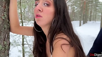 Hot girl wanted to have sex in the snow forest on public