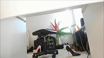 Naughty MILF Sonya teasing with her bare thick legs, hips, calves, feet and many high heels shoes under table