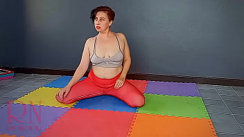 Regina Noir. A woman in yoga leotards practices yoga in the gym. Transparent red leotard yoga. pantyhose c3