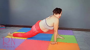 Regina Noir. A woman in yoga leotards practices yoga in the gym. Transparent red leotard yoga. pantyhose c3