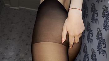 Transparent pantyhose, wet pussy without panties