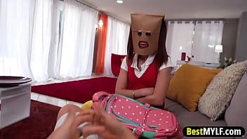 Sexy stepmom teaches her stepdaughter how to suck and ride her stepbrother'_s big cock.