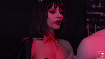 A witch bewitches two men to fuck her like a bitch while she squirts