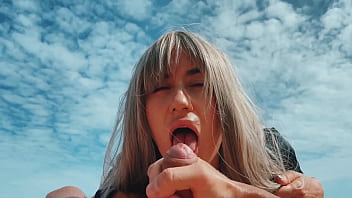A Blonde Girl strokes a Guys Dick with Feet, Masturbates, he Cums, Public Nudist Beach, Foot fetish