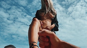 A Blonde Girl strokes a Guys Dick with Feet, Masturbates, he Cums, Public Nudist Beach, Foot fetish