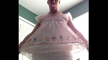 ABDL diapered sissy in pretty pink dress with teddybear