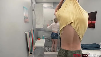 Stepmom giving stepson shower blowjob