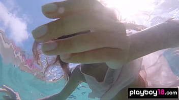 Big boobed naked Russian babe Katya Clover teasing under the water outdoor