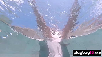 Big boobed naked Russian babe Katya Clover teasing under the water outdoor