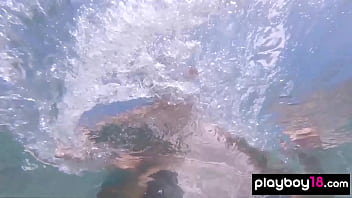 Big boobed naked Russian babe Katya Clover teasing under the water outdoor