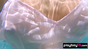 Big boobed naked Russian babe Katya Clover teasing under the water outdoor