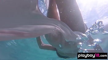 Big boobed naked Russian babe Katya Clover teasing under the water outdoor