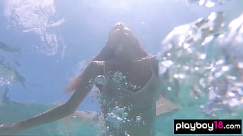 Big boobed naked Russian babe Katya Clover teasing under the water outdoor