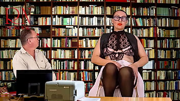 Naked library giantess manager seduces her boss, shows her pussy, tits and cunt.