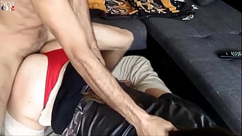 2127 - Amateur French Slut, Red Lace and Satin Thong, Zebra Cotton Dress, Garter Belt, Doggy Style, Blowjob, POV, Ass Licking, Panties in Mouth