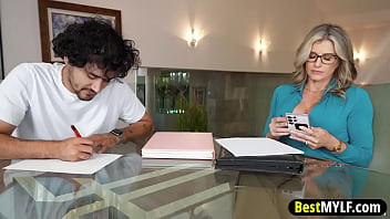 Two horny MILFs stimulate the young student&#039_s big cock so he can improve his grades by sucking and riding him until he cums.