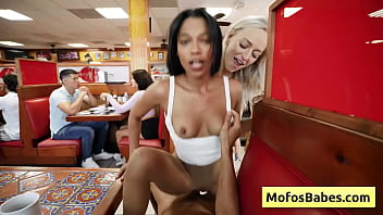 Two slutty servers fuck clint in public diner - Elana Bunnz, Eden West, Derek Savage