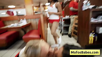 Two slutty servers fuck clint in public diner - Elana Bunnz, Eden West, Derek Savage