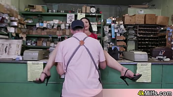 Busty and bubbly mature housewife visits an electronic shop for a nice quickie fuck