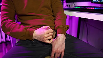 Young sexy guy watch perverted porn, masturbate his dick and cum loudly with moans.