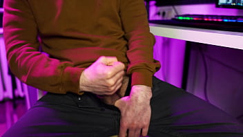 Young sexy guy watch perverted porn, masturbate his dick and cum loudly with moans.