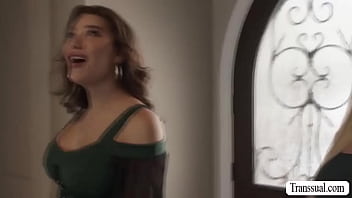 Teen blonde gets fucked by two busty shemale