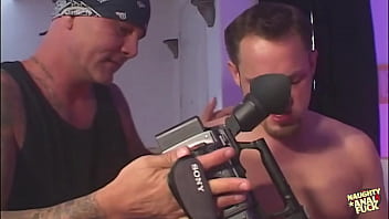 Naughty blonde offers her perfect ass to two men to be on the magazine cover