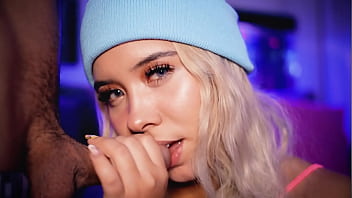 Blonde with an angelic face sucks a cock close to the camera