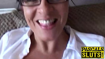 Attractive busty MILF Amber playing with herself on the sofa