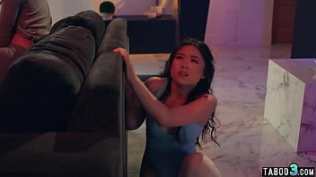 Petite asian babe Lulu Chu enjoying a scary movie on two transsexual dicks