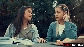 Petite Asian teen Kendra Spade and horny big ass lesbian Latina Alina Lopez enjoys finger fucking