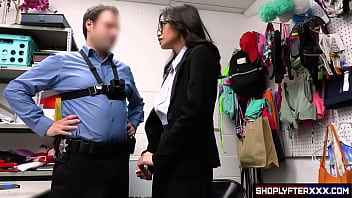 The high heels weren'_t paid for now this sexy thief has to get naked, suck the security guard'_s dick and get her wet pussy pounded to get out free.