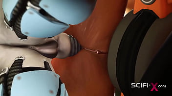 A hot young horny hottie in cuffs gets fucked hard by sex robot dickgirl