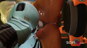 A hot young horny hottie in cuffs gets fucked hard by sex robot dickgirl