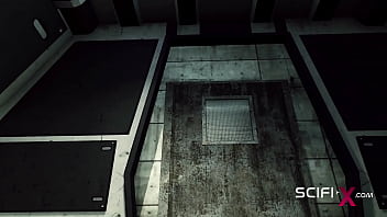 A hot young horny hottie in cuffs gets fucked hard by sex robot dickgirl