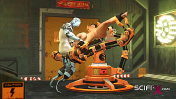 A hot young horny hottie in cuffs gets fucked hard by sex robot dickgirl