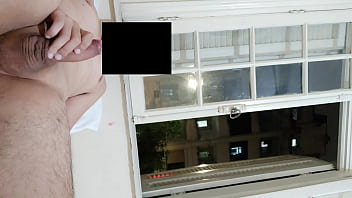 Risky masturbation flashing at open window front neighborhood