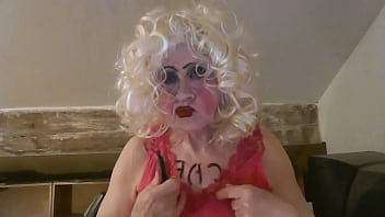 Slutty CD, Sissy Sarah Millward plays with her sissy clit and sticks dildo up her lady hole, but can'_t write '_Fag'_ on her chest properly - silly old tart!