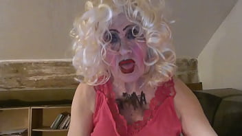 Slutty CD, Sissy Sarah Millward plays with her sissy clit and sticks dildo up her lady hole, but can&#039_t write &#039_Fag&#039_ on her chest properly - silly old tart!
