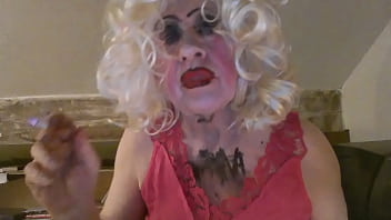 Slutty CD, Sissy Sarah Millward plays with her sissy clit and sticks dildo up her lady hole, but can'_t write '_Fag'_ on her chest properly - silly old tart!