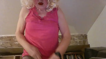 Slutty CD, Sissy Sarah Millward plays with her sissy clit and sticks dildo up her lady hole, but can'_t write '_Fag'_ on her chest properly - silly old tart!