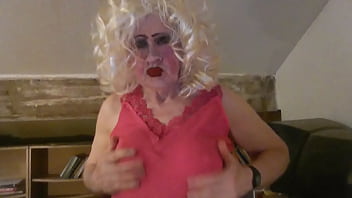 Slutty CD, Sissy Sarah Millward plays with her sissy clit and sticks dildo up her lady hole, but can'_t write '_Fag'_ on her chest properly - silly old tart!