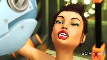 I just want your dick! Robot shemale fucks a sexy cuffed busty brunette in the sci-fi lab