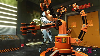 I just want your dick! Robot shemale fucks a sexy cuffed busty brunette in the sci-fi lab