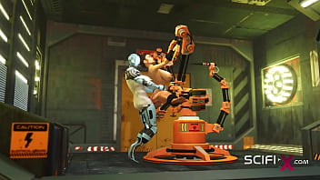 I just want your dick! Robot shemale fucks a sexy cuffed busty brunette in the sci-fi lab
