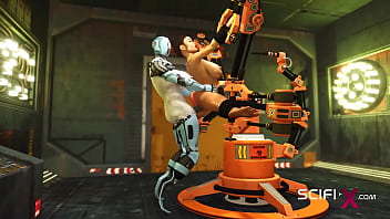 I just want your dick! Robot shemale fucks a sexy cuffed busty brunette in the sci-fi lab