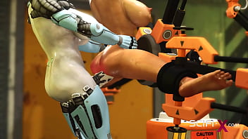 I just want your dick! Robot shemale fucks a sexy cuffed busty brunette in the sci-fi lab